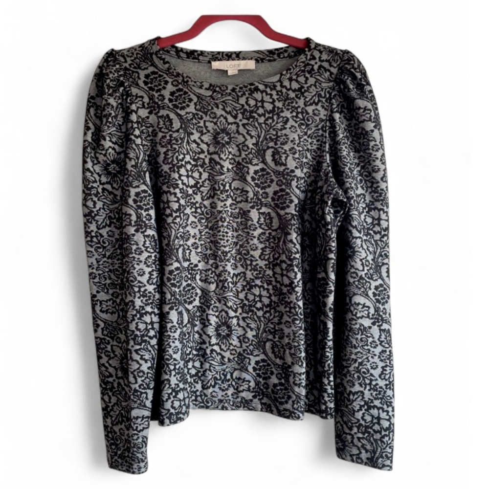 Loft Black Floral Long Sleeve Knit Shirt Size S